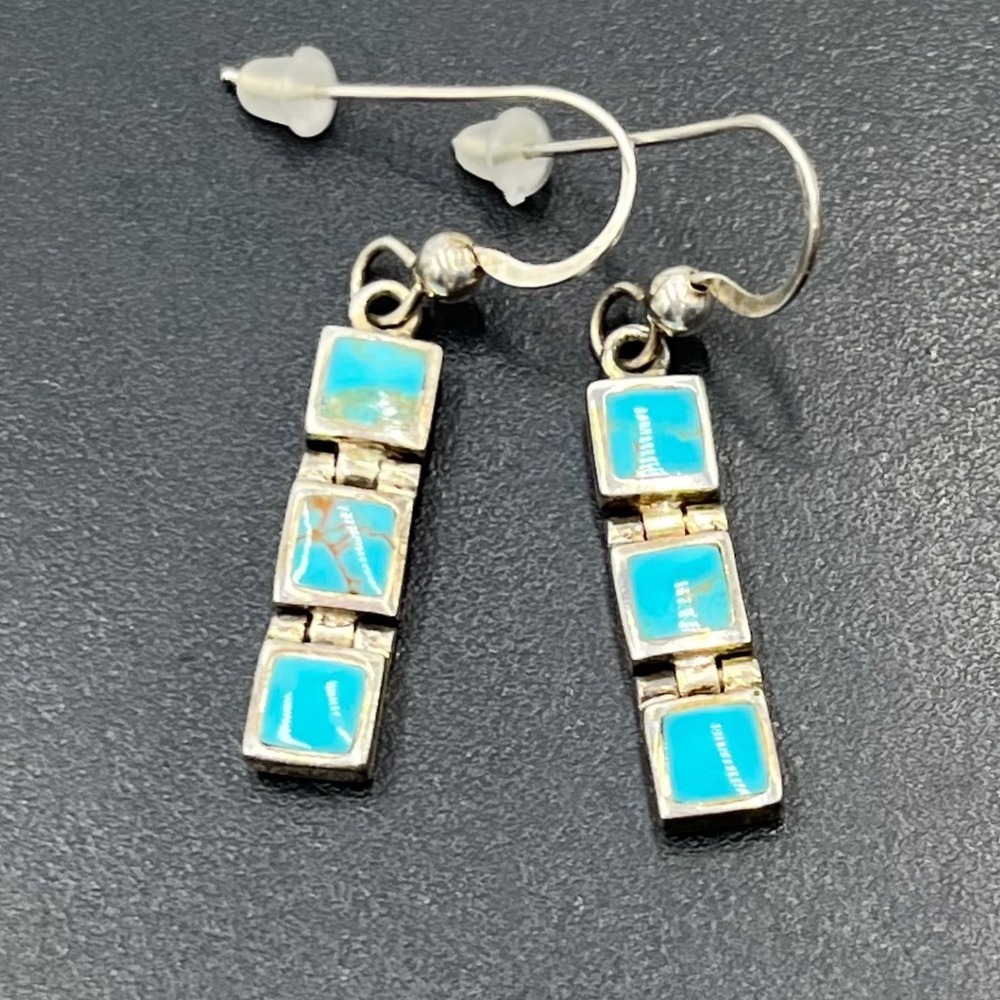 Zuni Signed Sterling Silver Square Dangle Hinged Turquoise Inlay Earring
